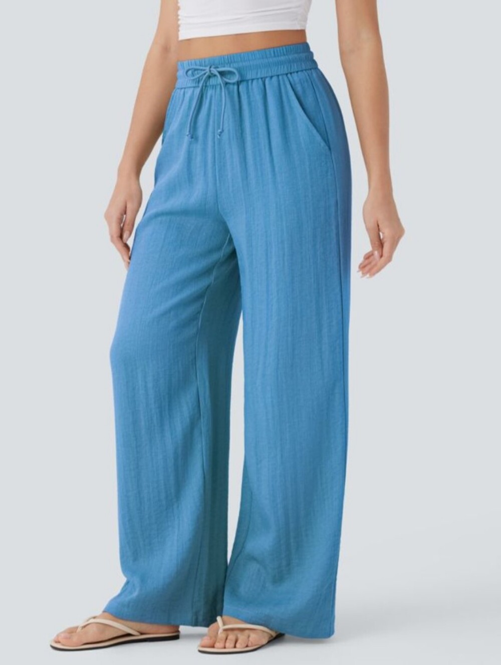 Halara Linen High-waisted Drawstring Pocket Wide leg Casual Pants in Azure Blue